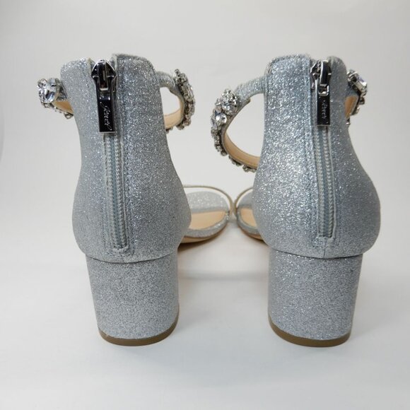 Jewel Badgley Mischka Catalina Ankle Strap Block Heel Sandals 8 Silver Glitter - Picture 10 of 15